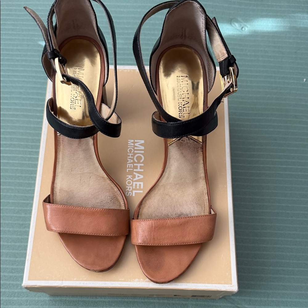 Michael Kors Black and Tan Heeled Sandals